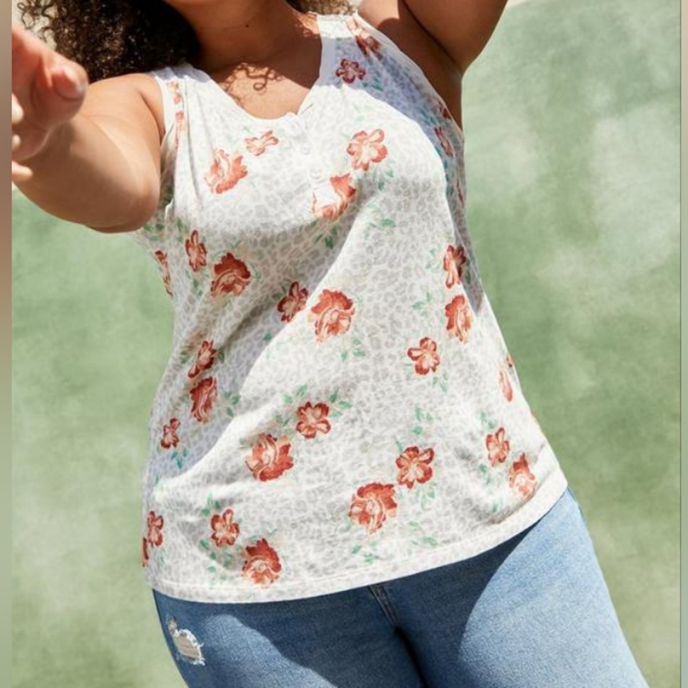 TORRID: Leopard and Flower Print Henley Tank Top